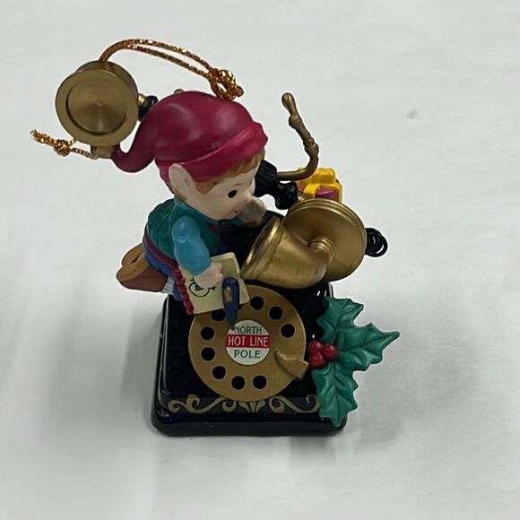 Vintage Lustre Frame 1994 North Pole Hotline Elf On Phone Ornament 2.25” - Picture 1 of 4